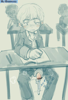 blush classroom cum desk eirikr ejaculation male_focus male_masturbation masturbation original school_uniform short_hair shota sitting solo_focus writing