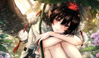 1girl bird_wings black_skirt black_wings brown_hair commentary_request feathered_wings flower frilled_skirt frills hat holding holding_leaf hugging_own_legs hydrangea leaf leaf_umbrella looking_at_viewer pink_flower pointy_ears pom_pom_(clothes) puffy_short_sleeves puffy_sleeves purple_flower rain red_eyes red_hat shameimaru_aya shirt short_sleeves skirt smile solo soukou_(artist) tokin_hat touhou white_shirt wings