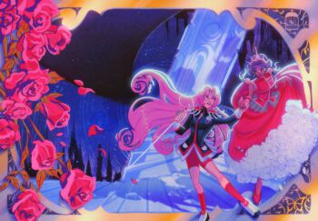 2girls bindi black_jacket commentary crown dark-skinned_female dark_skin dress english_commentary flower glasses highres himemiya_anthy holding holding_hands holding_sword holding_weapon jacket long_hair multiple_girls nolvini pink_hair purple_hair red_dress red_flower red_rose red_shoes red_shorts red_socks rose shoes shorts shoujo_kakumei_utena socks stairs sword sword_of_dios tenjou_utena very_long_hair weapon white_shoes