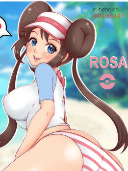 1girl ass beach blue_eyes blue_shirt blush bow breasts brown_hair butt_crack cloud covered_erect_nipples double_bun from_behind hair_bun hat heart large_breasts long_hair looking_at_viewer looking_back midriff misune_art nintendo ocean open_mouth palm_tree panties pink_bow poke_ball_symbol pokemon pokemon_bw2 raglan_sleeves rosa_(pokemon) sand shirt short_sleeves sitting sky smile speech_bubble spoken_heart striped_clothes striped_panties teeth tree twintails underwear visor_cap water white_hat white_panties