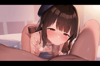 1boy 1girl :>= all_fours animated animated_gif backpack bag beret blush breasts brown_eyes brown_hair censored erection fellatio flat_chest half-closed_eyes hat henreader hetero loli long_hair looking_at_viewer mosaic_censoring nipples nude on_bed oral original penis pov pov_crotch sidelocks small_breasts spread_legs sweat testicles v