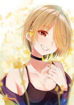 1girl absurdres bare_shoulders brown_hair choker commentary_request hair_ornament hair_over_one_eye hairpin heaven_burns_red highres kayamori_ruka myth_saka red_eyes short_hair