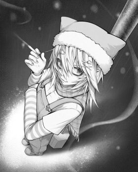 1girl absurdres animal_ear_headwear animal_hat beanie cigarette closed_mouth fake_animal_ears from_above full_body fur-trimmed_headwear fur_trim greyscale hair_ornament hairclip hat highres holding holding_cigarette long_sleeves looking_at_viewer mdm4 medium_hair monochrome original outdoors overalls pants rain shirt shoes smile smoking snowing solo standing x_hair_ornament