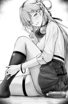 1girl absurdres aisutei blush braid braided_bangs breasts commentary earrings fingernails from_side greyscale grin hair_ornament hand_up headphones headphones_around_neck highres jewelry long_fingernails long_hair looking_at_viewer lynae_(wuthering_waves) medium_breasts monochrome shirt_tucked_in skirt skull_hair_ornament smile socks solo spray_can star_(symbol) star_earrings thigh_strap turning_head v wuthering_waves