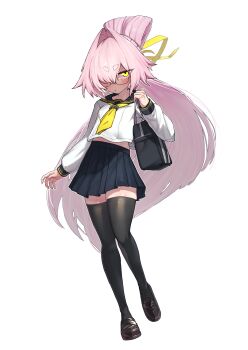 1girl absurdres bag black_thighhighs blush full_body glasses highres loafers long_hair looking_at_viewer original pink_hair rikudo_yayoi sawtatsu school_bag school_uniform serafuku shoes short_eyebrows skirt solo tachi-e thighhighs very_long_hair yellow_eyes zettai_ryouiki
