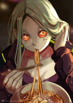 1girl absurdres adjusting_hair aqua_hair artificial_eye black_jacket blue_bra bra breasts chopsticks cleavage colored_sclera colored_skin commentary_request cyberpunk:_edgerunners cyberpunk_(series) eating food highres holding holding_chopsticks jacket long_hair meat mechanical_eye neck_tattoo noodles rebecca_(cyberpunk) red_pupils red_sclera sketch small_breasts solo straight_hair strigiformes tattoo twitter_logo twitter_username udon underwear white_skin yellow_eyes