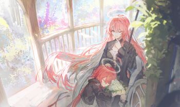 2girls adoptive_siblings ai_arctic_warfare arknights black_jacket bloom bolt_action bouquet commentary day detached_wings dot_nose energy_wings english_commentary exusiai_(arknights) exusiai_the_new_covenant_(arknights) floating_hair flower gazebo greypidjun grin gun hair_between_eyes hair_intakes halo headpat highres holding holding_bouquet hugging_another's_leg jacket lemuen_(arknights) light_particles long_hair looking_at_viewer multiple_girls one_eye_closed one_side_up parted_lips pink_hair red_hair rifle rose scope sleeping smile sniper_rifle traditional_halo very_long_hair weapon wheelchair white_flower white_rose wings yellow_halo