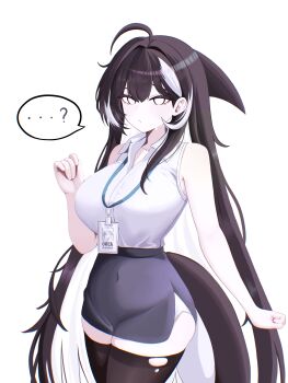 ... 1girl ? absurdres ahoge arm_at_side armpit_crease black_hair black_thighhighs breasts cetacean_tail chromatic_aberration closed_mouth colored_inner_hair cowboy_shot double-parted_bangs fins fish_tail grey_skirt hair_intakes hand_up hashtag-only_commentary high-waist_skirt highres lanyard large_breasts long_hair looking_at_viewer microskirt multicolored_hair original shirt shirt_tucked_in simple_background skirt sleeveless sleeveless_shirt small_sweatdrop solo speech_bubble spoken_ellipsis spoken_question_mark standing streaked_hair tail thighhighs torn_clothes torn_thighhighs very_long_hair wallaby82walla white_background white_eyes white_hair white_shirt