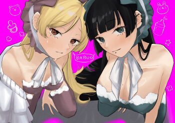 Rule 34 | 2girls, bare shoulders, black eyes, black hair, blonde hair, blunt ends, blush, bocchi the rock!, breasts, cleavage, closed mouth, collarbone, commentary request, dress, earclip, embarrassed, face piercing, grey bonnet, grey dress, grey thighhighs, highres, ijichi seika, large breasts, lip piercing, looking at viewer, medium breasts, mole, mole on breast, multiple girls, pa-san, piercing, red eyes, saltyacurry, smile, sweatdrop, thighhighs