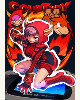 1girl absurdres blank_eyes boots breasts camerupt courtney_(pokemon) cowlick dress evil_grin evil_smile fake_horns fire full_body game_boy_advance gen_3_pokemon gloves grin handheld_game_console highres hood hood_up hooded_vest hoodie horned_headwear horned_hood horns kornart large_breasts long_sleeves nintendo open_mouth pokemon pokemon_(creature) pokemon_oras purple_eyes purple_hair red_boots red_hood red_sweater red_vest ribbed_dress ribbed_sweater sharp_teeth short_hair smile solo_focus sweater sweater_dress team_magma team_magma_uniform teeth twitter_username vest