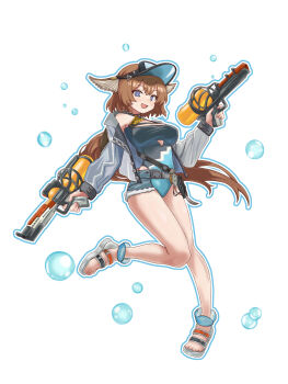 Rule 34 | 1girl, :d, absurdres, aciddrop (arknights), aciddrop (holiday) (arknights), animal ears, arknights, bird ears, blue eyes, breasts, brown hair, clothing cutout, commentary request, cutout above navel, full body, grey jacket, haruuuu1185 (kubaharu), highres, holding, holding water gun, jacket, long hair, looking at viewer, official alternate costume, one-piece swimsuit, open mouth, outline, sandals, simple background, smile, solo, swimsuit, water gun, white background