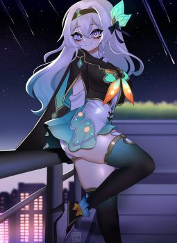 1girl absurdres aqua_dress ass black_hairband black_jacket black_sky black_thighhighs bloomers blue_bow blue_hair blue_pupils blue_sky blurry blurry_background bow breasts building city closed_mouth commentary dress english_commentary eyelashes feet_out_of_frame firefly_(honkai:_star_rail) from_side gold_trim gradient_hair gradient_sky grass grey_hair hair_between_eyes hair_bow hair_ornament hairband high_heels highres honkai:_star_rail honkai_(series) jacket leaf_hair_ornament long_hair long_sleeves looking_at_viewer medium_breasts mizah_(mizah) multicolored_eyes multicolored_hair neckerchief night orange_bow orange_neckerchief outdoors puffy_long_sleeves puffy_sleeves purple_eyes sailor_collar shadow shoes shooting_star short_dress sky skyscraper smile solo standing standing_on_one_leg star_(sky) starry_sky thighhighs thighs two-tone_dress underwear wavy_hair white_bloomers white_dress white_shoes window yellow_eyes