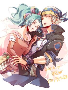 1boy 1girl arm_ribbon ayana_(iqaw5cfohvdtver) bead_necklace beads black_jacket blue_ribbon breasts cape closed_eyes couple cowboy_shot dated dress earrings elbow_gloves final_fantasy final_fantasy_vi gloves green_hair grey_hair hair_ribbon headscarf hetero jacket jewelry light_blush locke_cole long_hair medium_breasts necklace parted_bangs parted_lips pink_cape pink_ribbon ponytail print_shirt red_dress red_gloves ribbon sash shirt short_hair strapless strapless_dress tina_branford tube_dress waist_sash white_background white_shirt