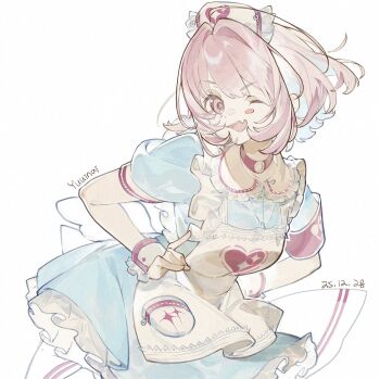 1girl ahoge apron blue_dress blue_hair blush_stickers breasts choker collared_dress dated dress fang frilled_apron frilled_dress frills hair_intakes hat heart highres idolmaster idolmaster_cinderella_girls large_breasts leaning_forward looking_at_viewer multicolored_hair nurse_cap o-ring o-ring_choker one_eye_closed open_mouth pink_choker pink_eyes pink_hair puffy_short_sleeves puffy_sleeves short_hair short_sleeves simple_background skin_fang solo standing twitter_username two-tone_hair white_apron white_background wrist_cuffs yumemi_riamu yuuinai