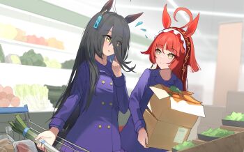 Rule 34 | 2girls, ahoge, animal ears, black hair, blunt bangs, blunt ends, blunt sidelocks, box, brown headdress, buttons, cardboard box, carrot, coat, commentary request, dev grater, double-breasted, ear tag, earrings, food, grocery store, hair between eyes, hairband, highres, holding, horse ears, horse girl, horse tail, jewelry, long bangs, long hair, long hair between eyes, long sleeves, manhattan cafe (umamusume), meat, multicolored hair, multiple girls, purple coat, red desire (umamusume), red hair, red hairband, red headdress, shopping cart, sidelocks, single earring, sweat, tail, tracen winter coat, umamusume, vegetable, very long hair, white hair, winter clothes, winter coat, yellow eyes