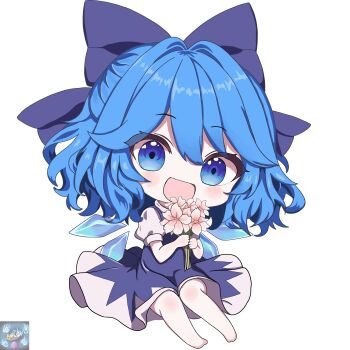 1girl absurdres bare_arms bare_legs barefoot blue_bow blue_dress blue_eyes blue_hair bouquet bow chibi chibi_only cirno commentary detached_wings dress fairy flower full_body hair_bow hair_intakes highres holding holding_bouquet ice ice_wings liefeng_dm looking_at_viewer multiple_wings puffy_short_sleeves puffy_sleeves shirt short_sleeves simple_background solo touhou white_background white_shirt wings