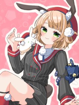 1girl animal animal_ear_fluff animal_ears animal_on_arm animal_on_shoulder beret blonde_hair blue_ribbon blunt_bangs braid closed_mouth collared_shirt commentary dress_shirt extra_ears feet_out_of_frame green_eyes grey_jacket grey_skirt hair_ornament hair_rings hand_up hat indie_virtual_youtuber jacket kneehighs legwear_garter long_sleeves looking_at_viewer miniskirt motimotiomoti723 neck_ribbon outline pink_background pinstripe_jacket pinstripe_pattern pinstripe_skirt pleated_skirt pom_pom_(clothes) pom_pom_hair_ornament rabbit rabbit_ears red_hat red_sailor_collar red_socks ribbon sailor_collar school_uniform shigure_ui_(vtuber) shigure_ui_(vtuber)_(1st_costume) shirt short_hair side_braid side_part side_up_ring skirt sleeve_cuffs smile socks solo swept_bangs virtual_youtuber white_outline white_shirt
