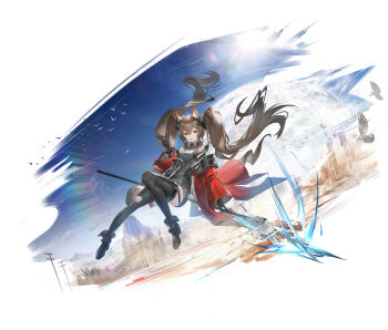 Rule 34 | 1girl, :d, absurdres, angelina (arknights), animal ear fluff, animal ears, arknights, arknights: endfield, bare shoulders, belt, bird, black belt, black boots, black gloves, black thighhighs, boots, bracelet, breasts, brown hair, coat, dress, dutch angle, elbow gloves, finger gun, floating, floating clothes, floating hair, fold-over boots, fox ears, fox girl, full body, gacha splash (style), gilberta (arknights), gloves, grey dress, hair between eyes, headpiece, high belt, high collar, highres, impossible clothes, impossible dress, incredibly absurdres, infection monitor (arknights), jewelry, kino (user scft3885), knee boots, levitation, light particles, long sleeves, looking at viewer, medium breasts, off shoulder, official style, open clothes, open coat, open mouth, orange eyes, originium arts (arknights), power lines, red coat, short dress, simple background, sky, sleeveless, sleeveless dress, smile, solo, staff riding, sun, thighhighs, twintails, white background, zettai ryouiki