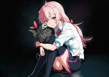 1girl absurdres alternate_costume black_background black_panties black_skirt black_thighhighs bow chinese_commentary collared_shirt colored_tips commentary cowlick cross-shaped_pupils encore_(wuthering_waves) feet_out_of_frame hair_bow highres hugging_doll hugging_object hugging_own_legs knees_together_feet_apart li_alter light_blush long_hair low-tied_long_hair miniskirt multicolored_hair neck_ribbon panties panty_peek parted_lips pink_hair purple_eyes red_bow red_ribbon ribbon shirt short_sleeves sitting skirt solo stuffed_animal stuffed_sheep stuffed_toy symbol-shaped_pupils thighhighs underwear white_shirt wuthering_waves