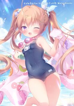 1girl ;d ahoge apple_print bare_arms bare_shoulders blue_one-piece_swimsuit blue_ribbon blue_school_swimsuit blue_sky blush braid breasts brown_hair character_name cherry_print cloud commentary_request covered_erect_nipples covered_navel day fang food_print fruit_print goggles goggles_around_neck grape_print hair_between_eyes hair_ornament hair_ribbon hairclip heart heart_print holding holding_towel kiwi_print loli long_hair looking_at_viewer name_tag one-piece_swimsuit one_eye_closed open_mouth orange_print original outdoors piyodera_mucha purple_eyes ribbon school_swimsuit sky small_breasts smile solo standing standing_on_one_leg star_(symbol) star_hair_ornament star_print swim_goggles swimsuit thigh_gap towel twintails very_long_hair water_drop wink