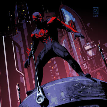 1boy 2023 animal_print artist_name black_bodysuit black_mask bodysuit building cityscape commentary dated english_commentary highres male_focus marvel miguel_o'hara multicolored_bodysuit muscular muscular_male print_bodysuit red_bodysuit rooftop science_fiction shadow signature skyscraper solo spider-man_(2099) spider-man_(series) spider_print superhero_costume two-tone_bodysuit valerio_giangiordano