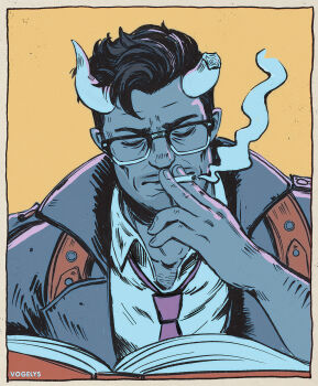 1boy abrams_(deadlock) artist_name black_hair book broken_horn closed_eyes coat commentary deadlock_(game) demon_boy demon_horns english_commentary glasses highres horns looking_down male_focus open_book pointy_ears reading smoke smoking upper_body vogelys yellow_background