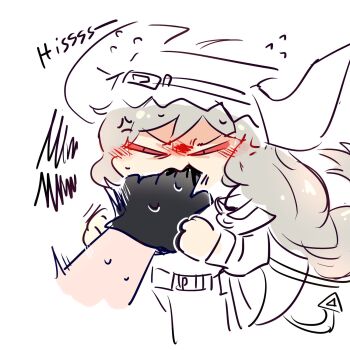 anger_vein angry arknights biting_another's_hand biting_hand chibi highres hissing long_hair mascotmask red_eyes silver_hair skadi_(arknights) slit_pupils specter_(arknights) white_background