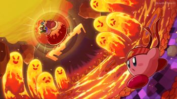 blush blush_stickers copy_ability crown embers fighter_kirby fire green_eyes headband highres kashiwa_(ksw04270mochi) kirby kirby:_triple_deluxe kirby_(series) lava nintendo no_humans open_mouth pyribbit red_headband rock twitter_username