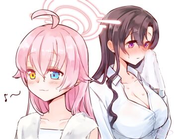 Rule 34 | 2girls, ahoge, black hair, blue archive, blue eyes, blush, breasts, cleavage, closed mouth, collared shirt, commentary, female sensei (blue archive), hair between eyes, halo, heterochromia, hickey, hoshino (blue archive), large breasts, long hair, multiple girls, musical note, pink hair, purple eyes, rarasa (rarasa), sensei (blue archive), shirt, simple background, symbol-only commentary, towel, towel around neck, white background, white shirt, yellow background