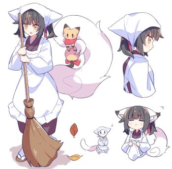 1girl :&lt; animal_ear_fluff animal_ears black_hair blunt_bangs blush broom brown_kimono brown_sandals closed_eyes closed_mouth cropped_torso fox fox_ears fox_girl fox_tail full_body headscarf holding holding_broom japanese_clothes kimono leaf long_sleeves open_mouth original sandals short_hair simple_background socks standing suzuno_(suzuno3110) tabi tail thick_eyebrows unworn_headwear white_background white_headscarf white_socks yellow_eyes