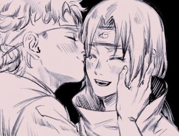 2boys akatsuki_uniform black_background blush commentary english_commentary forehead_protector greyscale happy kiss kissing_cheek konohagakure_symbol male_focus momoyoru1 monochrome multiple_boys naruto_(series) naruto_shippuuden open_mouth short_hair simple_background uchiha_itachi uchiha_shisui yaoi