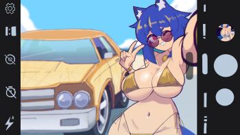 1girl ;d absurdres animal_ear_fluff animal_ears bikini blue_hair body_freckles breast_freckles breasts car cat_ears cat_girl cat_tail cleavage commentary doce english_commentary freckles gold_bikini groin highres huge_breasts looking_at_viewer motor_vehicle navel one_eye_closed open_mouth original outdoors reaching reaching_towards_viewer red_eyes round_eyewear selfie sharp_teeth short_hair side-tie_bikini_bottom smile solo swimsuit tail taking_picture teeth upper_body v xiao_(docecaedrus)