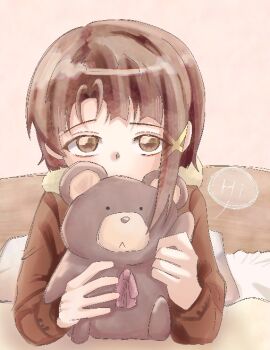 amari0230 bed brown_eyes brown_hair english_text fluffy_clothes hair_ornament holding holding_stuffed_toy iwakura_lain looking_at_viewer no_mouth on_bed serial_experiments_lain short_hair simple_background sitting speech_bubble stuffed_animal stuffed_toy teddy_bear x_hair_ornament
