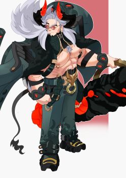 Rule 34 | 1boy, abs, absurdres, bara, beard, clenched hands, closed mouth, commentary, cow tail, dislyte, django the asteri, english commentary, facial hair, full body, gorath (bull demon king) (dislyte), highres, holding, holding weapon, horns, jacket, jacket on shoulders, looking to the side, male focus, muscular, muscular male, nipple piercing, nipple rings, pectorals, piercing, ring piercing, round eyewear, scar, scar on chest, smile, tail, weapon