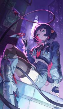 1boy 1girl absurdres animal_ears black_hair black_necktie blue_eyes boots cat_boy cat_ears city combat_knife cropped_jacket fingerless_gloves fur-trimmed_jacket fur_trim gloves hair_between_eyes highres ingna236 jacket jane_doe_(zenless_zone_zero) knife long_hair long_sleeves looking_at_viewer missing_commentary mouse_ears mouse_girl multicolored_hair multicolored_necktie nail_polish necktie pantyhose police police_uniform policeman red_hair red_nails red_necktie seth_lowell short_hair shorts single_leg_pantyhose single_thighhigh sitting smile solo spinning_weapon tail thighhighs torn_clothes torn_pantyhose wanted_poster weapon white_hair zenless_zone_zero