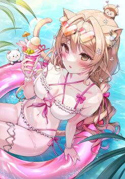 Rule 34 | 1girl, absurdres, animal ear fluff, animal ears, babupipi, bikini, blush, bracelet, breasts, brown eyes, brown hair, buoy, cat ears, cat girl, cat tail, cleavage, collarbone, crazy straw, cup, drinking glass, drinking straw, food, frilled bikini, frills, heart, heart-shaped eyewear, heart straw, highres, holding, holding cup, ice cream, indie virtual youtuber, jewelry, large breasts, long hair, luna nyann, nail polish, navel, orange-tinted eyewear, pearl bracelet, pink nails, solo, swimsuit, tail, thighlet, tinted eyewear, virtual youtuber, water, wet, white bikini