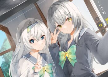 2girls absurdres alternate_costume blush bow bowtie cardigan closed_mouth commentary english_commentary firefly_(honkai:_star_rail) firefly_(spring_missive)_(honkai:_star_rail) green_bow green_bowtie green_pupils grey_cardigan grey_hair grey_hairband grey_sailor_collar hair_between_eyes hair_intakes hairband highres honkai:_star_rail honkai_(series) indoors long_hair multicolored_eyes multiple_girls official_alternate_costume plaid_bow plaid_bowtie plaid_clothes sailor_collar school_uniform selfie serafuku smile stelle_(honkai:_star_rail) trailblazer_(honkai:_star_rail) v window yellow_eyes yuki-san_(wdtm_yuki)