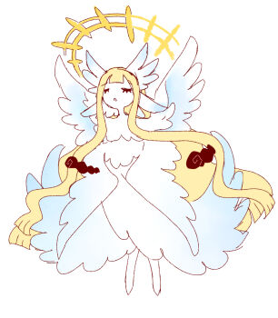 1girl absurdly_long_hair blonde_hair blunt_bangs closed_eyes colored_skin dynamax fakemon female_focus full_body gigantamax halo long_hair muguet nintendo open_mouth original pokemon sidelocks simple_background sketch smoke solo very_long_hair white_background white_skin wings