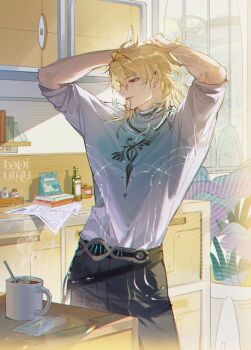 1boy absurdres arms_up black_pants blonde_hair chromatic_aberration coffee_mug commentary cup english_commentary hair_tie_in_mouth highres indoors long_hair luuk_herssen_(wuthering_waves) male_focus mouth_hold mug multicolored_hair pants paper red_eyes shirt shirt_tucked_in smile solo streaked_hair toriumu white_shirt wuthering_waves