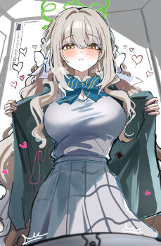 Rule 34 | 1girl, absurdres, blonde hair, blue archive, blue bow, blue bowtie, blush, bow, bowtie, breasts, commentary, green jacket, halo, heart, highres, jacket, large breasts, long hair, looking at viewer, meme, miyo (blue archive), open clothes, open jacket, parted lips, pleated skirt, pov, room you can't get out of unless you x (meme), sak (lemondisk), school uniform, sensei (blue archive), shirt, skirt, solo focus, striped bow, striped bowtie, striped clothes, very long hair, white shirt, white skirt