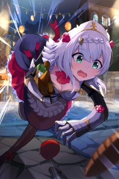 Rule 34 | 1girl, absurdres, armor, bag, braid, breasts, cleavage, dress, fallen down, flower, food, genshin impact, green eyes, grim jisoo, hair flower, hair ornament, highres, maid, maid headdress, medium breasts, night, noelle (genshin impact), open mouth, outdoors, shopping bag, short hair, town, vambraces, white hair