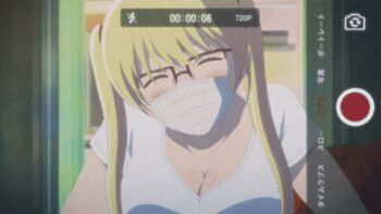 1girl animated animated_gif blonde_hair bouncing_breasts breasts camera_view cleavage closed_eyes face_mask glasses hoshizaki_rika_(kanojo_mo_kanojo) kanojo_mo_kanojo large_breasts leaning_forward long_hair lowres mask mouth_mask no_bra fake_phone_screenshot screencap shirt solo standing surgical_mask twintails white_shirt