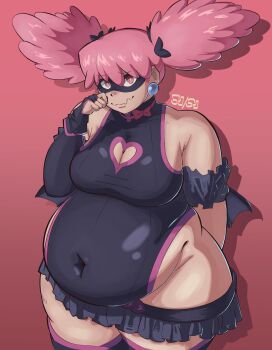 1girl arm_behind_head armband black_gloves black_leotard black_ribbon black_skirt black_thighhighs boku_no_hero_academia breasts cleavage cleavage_cutout clothing_cutout covered_navel earrings eye_mask fat fat_woman fingerless_gloves gloves hair_horns hair_ribbon haneyama_kazuho heart_cutout highleg highleg_leotard hitthat5050 leotard mask medium_breasts miniskirt pink_background pink_eyes pink_hair ribbon skirt smile solo sphere_earrings standing superhero_costume thick_thighs thighhighs thighs twintails vigilante_-boku_no_hero_academia:_illegals- wavy_mouth wings