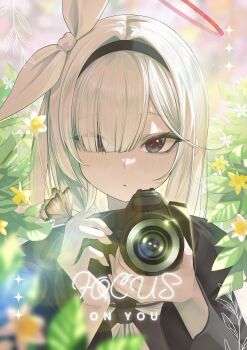 1girl absurdres black_hairband black_jacket black_shirt blue_archive blush braid camera closed_mouth comiket_107 commentary_request eyes_visible_through_hair grey_eyes hair_over_one_eye hair_ribbon hairband halo highres holding holding_camera jacket koutannkoburia long_hair looking_at_viewer neckerchief pink_halo plana_(blue_archive) ribbon shirt single_braid solo white_hair white_neckerchief white_ribbon