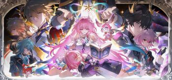 3girls 5boys absurdres amphoreus_(honkai:_star_rail) anaxa_(honkai:_star_rail) aqua_hair black_coat black_hair blonde_hair blue_eyes breasts caelus_(honkai:_star_rail) chinese_commentary closed_eyes coat commentary_request cyrene_(aedes_elysiae)_(honkai:_star_rail) cyrene_(honkai:_star_rail) cyrene_(ripples_of_past_reverie)_(honkai:_star_rail) dan_heng_(honkai:_star_rail) dan_heng_(permansor_terrae)_(honkai:_star_rail) dragon_horns dress dual_persona evernight_(honkai:_star_rail) eyepatch green_eyes green_hair highres honkai:_star_rail honkai_(series) horns large_breasts long_hair march_7th_(honkai:_star_rail) mem_(honkai:_star_rail) mobius_strip multicolored_hair multiple_boys multiple_girls mydei_(honkai:_star_rail) osamu18568716 phainon_(honkai:_star_rail) phainon_(khaslana)_(honkai:_star_rail) pink_hair pointy_ears purple_coat purple_eyes red_eyes trailblazer_(honkai:_star_rail) tribbie_(honkai:_star_rail) two-tone_hair very_long_hair white_dress yellow_eyes