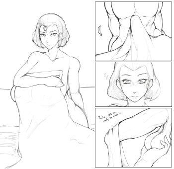 1girl absurdres breasts bulge diamond_wa_kudakenai english_text erection greyscale higashikata_tomoko highres huge_breasts jojo_no_kimyou_na_bouken large_penis looking_at_penis mature_female monochrome penis short_hair smoxul testicle_grab testicles
