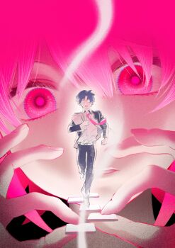 1boy 1girl black_background black_jacket blue_hair blue_pants chaos;child close-up commentary empty_eyes glasses hands_up highres holding holding_paper jacket looking_at_another miyashiro_takuru necktie onoe_serika pants paper paper_stack parted_lips pink_eyes pink_hair pink_necktie running science_adventure shirt short_hair simple_background stairs tuzaixia upper_body white_shirt