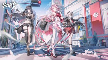 3girls animal animal_ears animal_on_head bag beret bird black_coat black_hair black_shorts blue_sky breasts building cape coat commentary_request company_name copyright_logo coralie_6626_planck coralie_6626_planck_(puppy_patrol) coralie_6626_planck_(valkyrie_blastmetal) crop_top crystal diamond-shaped_pupils diamond_(shape) dog dog_ears dog_girl dove dress elf elysia_(hi_love_elf)_(honkai_impact) elysia_(honkai_impact) erdos_helia erdos_helia_(salted_plum) erdos_helia_(valkyrie_boltstorm) grey_hair hat highres holding holding_bag honkai_(series) honkai_impact_3rd large_breasts logo long_hair multicolored_hair multiple_girls navel o0oherb official_alternate_costume official_art on_head outdoors pantyhose peaked_cap pink_hair pointy_ears purple_eyes shibuya_(tokyo) shirt shopping_bag short_shorts shorts signet_of_ego single_leg_pantyhose single_thighhigh sky skyscraper symbol-shaped_pupils thighhighs tokyo_(city) traffic_light two-tone_hair very_long_hair white_dress white_hair white_pantyhose white_shirt white_thighhighs