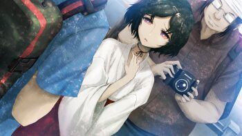 3boys backpack bag black_hair blue_pants blue_shirt bob_cut brown_shirt camera chihaya_(clothing) choker collared_shirt dutch_angle from_behind game_cg glasses hair_ornament hairclip hakama hakama_skirt hand_on_own_chest height_difference highres holding holding_camera huke japanese_clothes kosode looking_at_another miko multiple_boys non-web_source official_art opaque_glasses open_mouth outdoors pants pervert pink_eyes red_hakama ribbon_choker ribbon_trim ringed_eyes science_adventure shiny_lips shirt skirt skull_hair_ornament square_pupils steins;gate trap urushibara_luka wide_sleeves worried