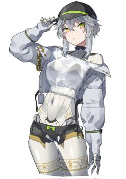 1girl android baseball_cap black_panties bow commentary_request dushevnaya_(girls'_frontline_2) girls'_frontline girls'_frontline_2:_exilium gradient_eyes green_bow green_eyes grey_hair hat highres jacket joints ksvk_(girls'_frontline) looking_at_viewer mechabare mechanical_arms mechanical_legs multicolored_eyes panties ringobatake robot_joints shirt underwear white_jacket white_shirt